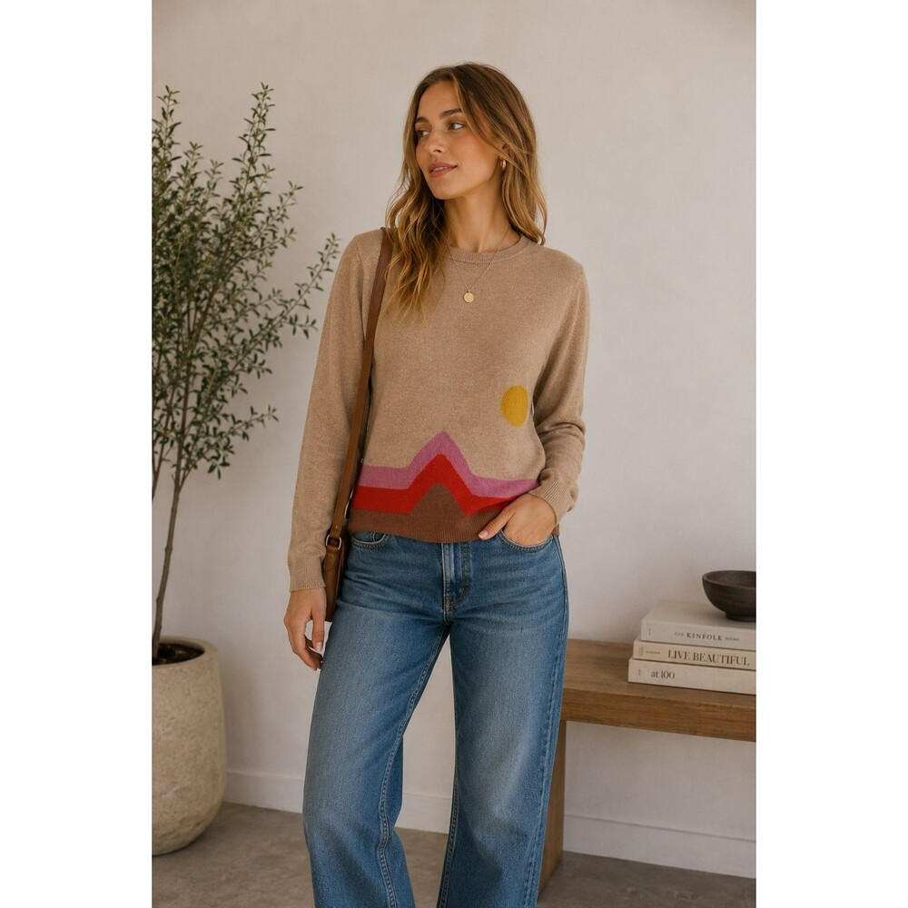 KULE Sunrise Sweater Camel Graphic Crewneck Colorblock Quiet Luxury